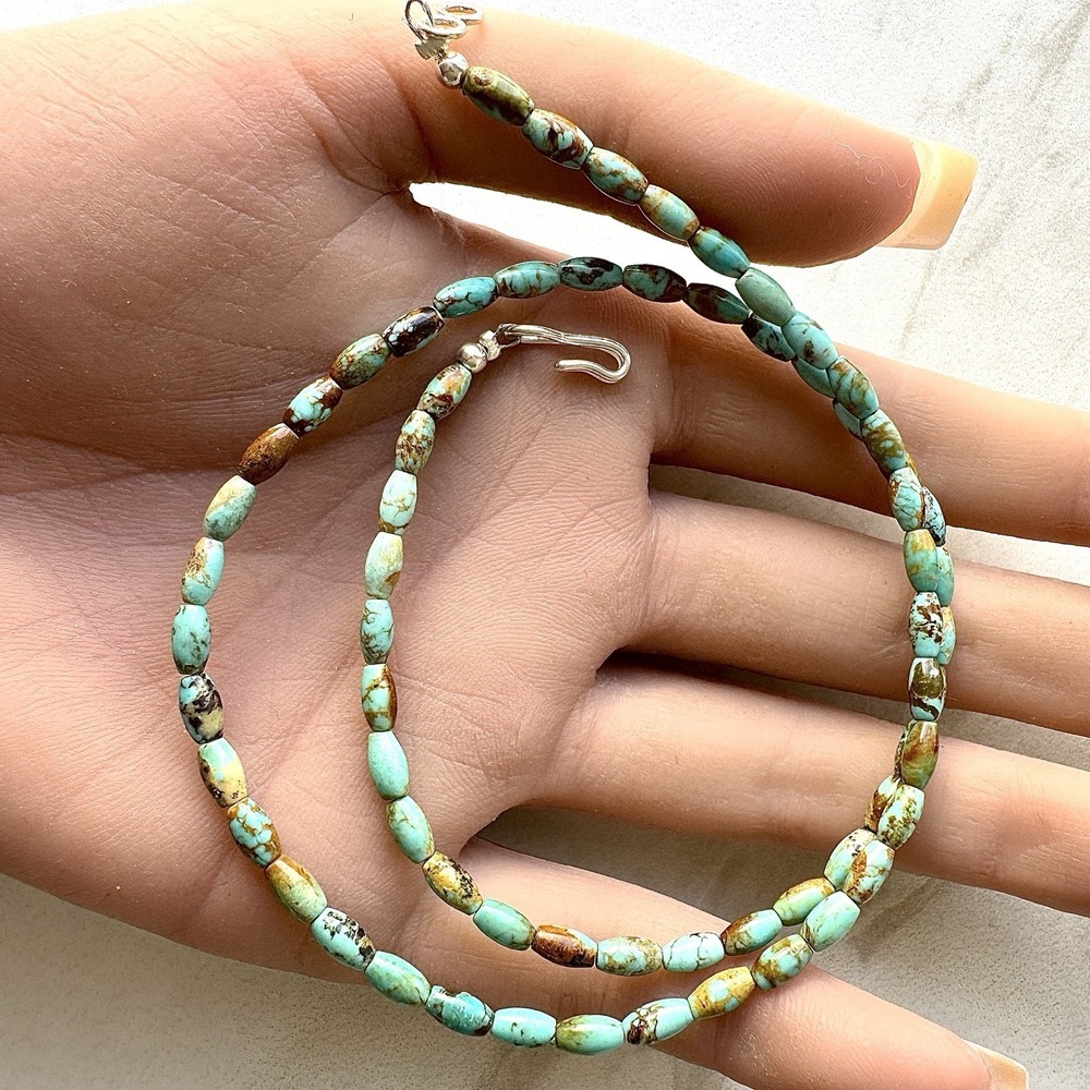 Navajo Turquoise Bead Necklace 18" Hand Strung Natural #8 Color Sterling Hook - Picture 5 of 6